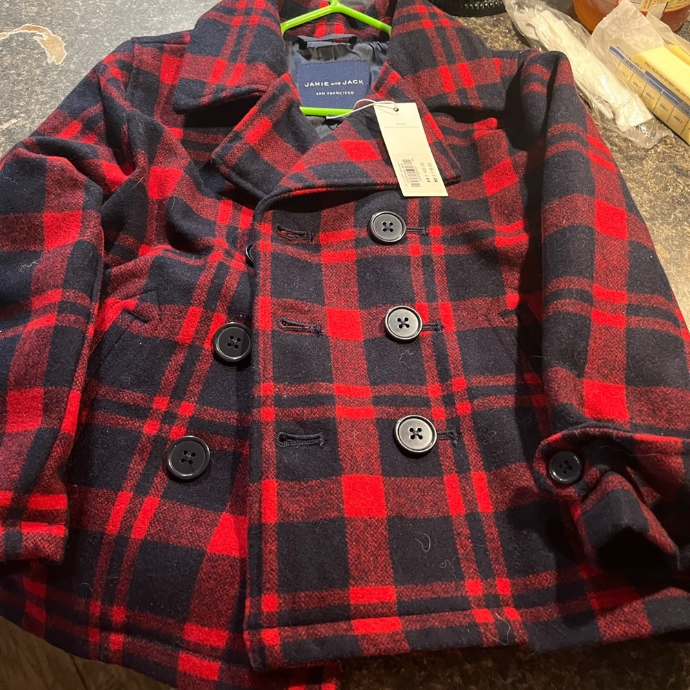 Janie and Jack Red and Black Plaid Pea Coat